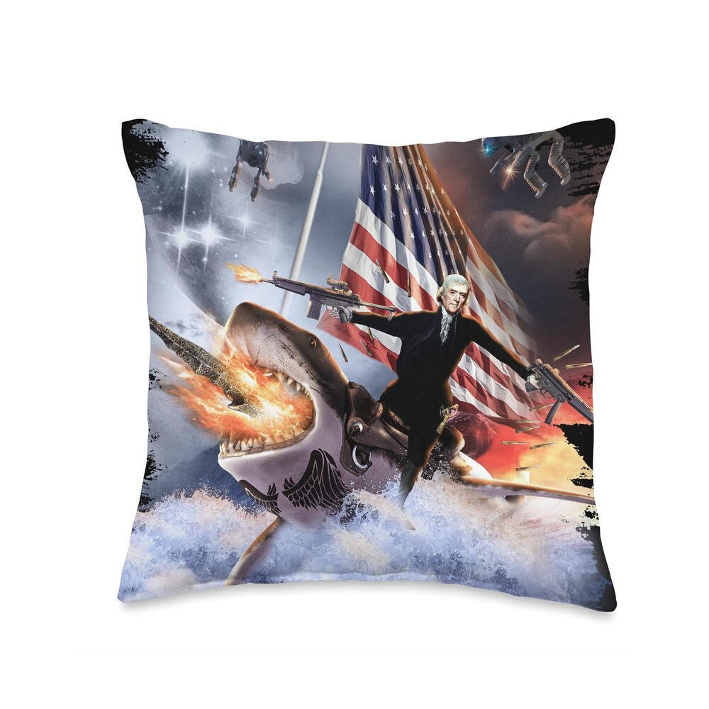 8152 Thomas Jefferson Riding Shark American Patriotic Funny Throw Pillow